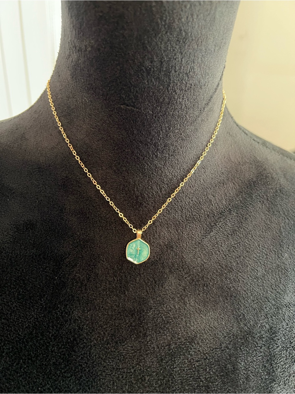Gold toned Chain Necklace with green cross enamel Pendant -